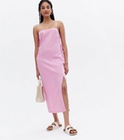 New Look Pink Spot Linen Blend Lace Up Side Midi Dress